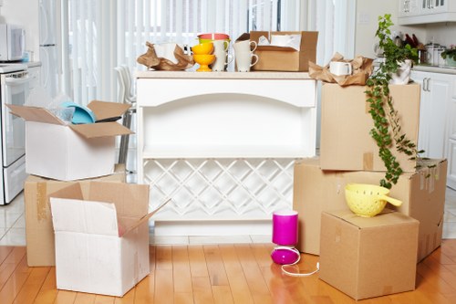 Packed office boxes ready for removals in Cambridgeheath